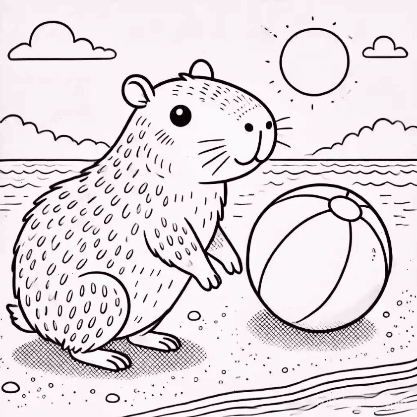 Tranh tô màu capybara chibi số 4 đang trong tư thế hoạt động