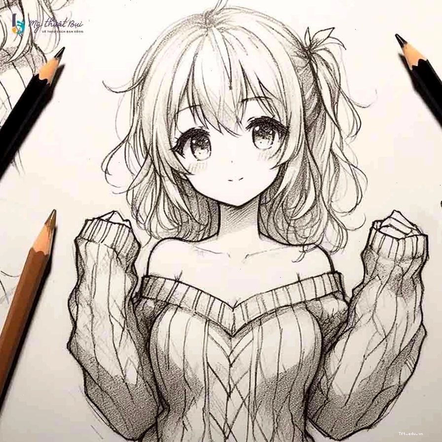 Tranh vẽ anime cô gái xinh đẹp với nụ cười tỏa nắng