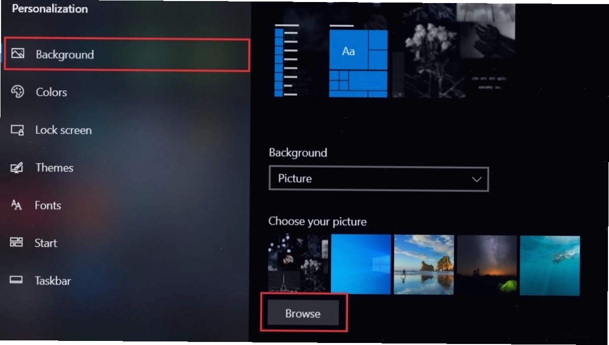 Tùy chỉnh ảnh nền trong cài đặt Personalize của Windows