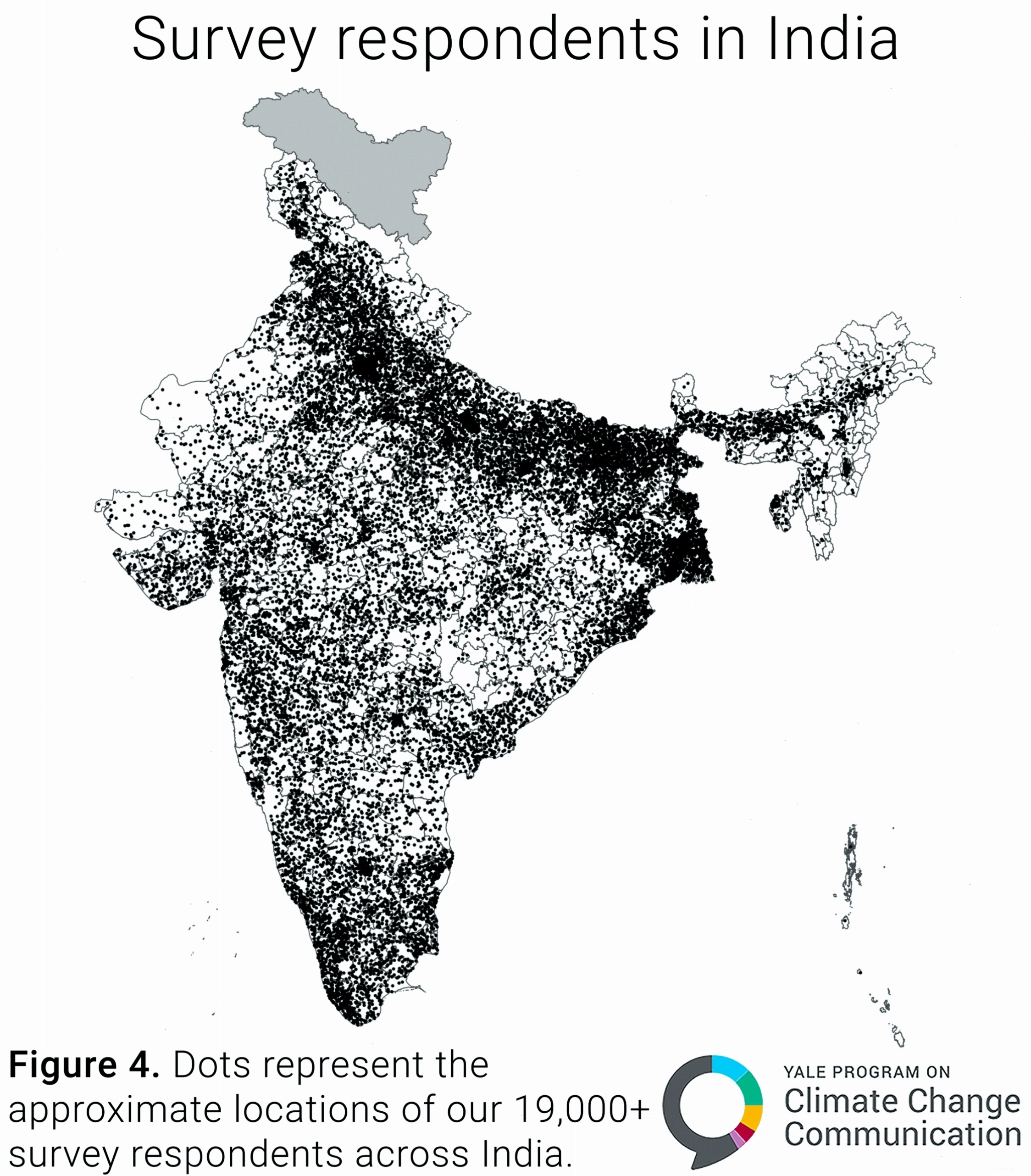 Dot map illustrating the approximate locations of survey respondents across India by district