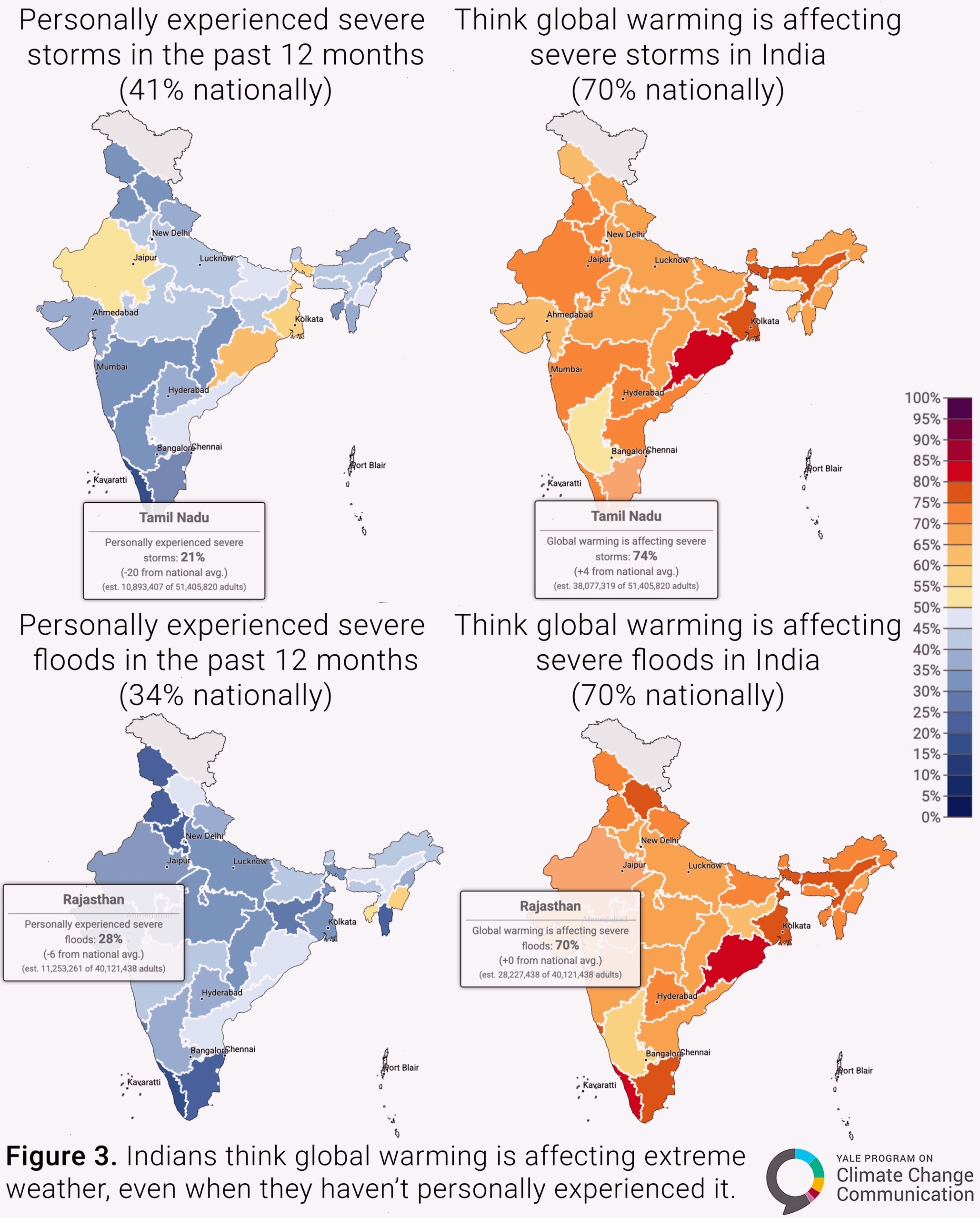 Maps showing personal experience with storms and floods versus attribution of these events to global warming in India
