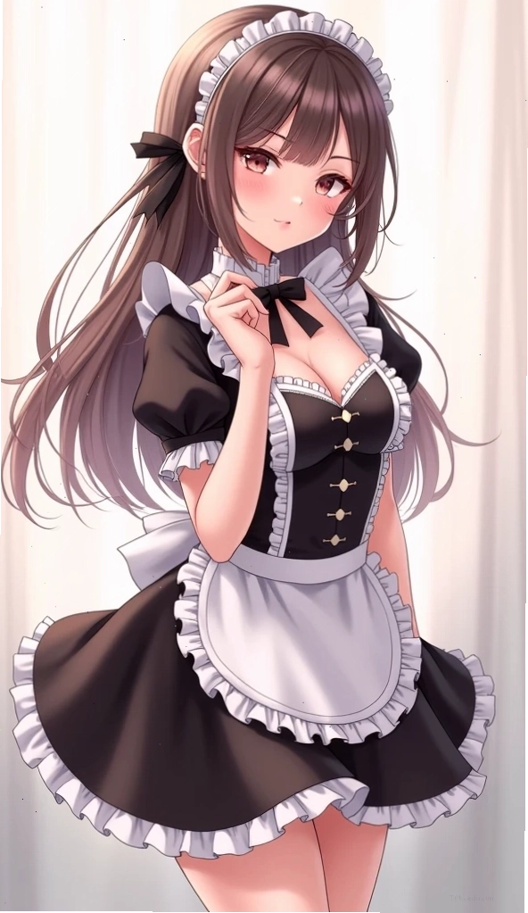 Stunning anime girl posing in a detailed maid dress with white lace